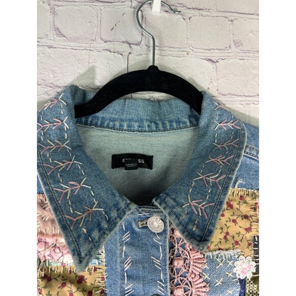 Express Altered Hand Embroidered Upcycled Patched Denim Jacket - Picture 4 of 15